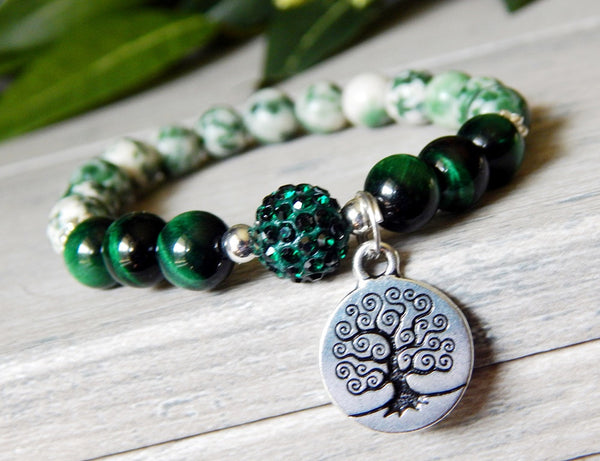 green beaded bracelet tree of life charm