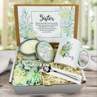 green flower Sister's special gift basket with meaningful keepsake mug and candle