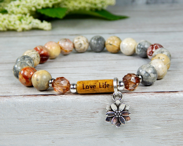 Love Life Jasper Beaded Bracelet Inspirational Quote Jewelry