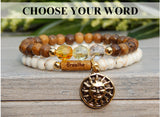 Stacked Boho Sun Bracelets with Inspirational Word, Wood and Yellow Crystals