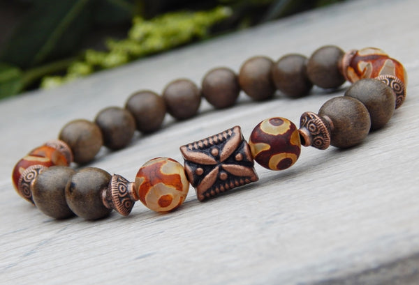 Mens Boho Wooden Agate Bracelet by StoneRiverJewelry Blue Stone River