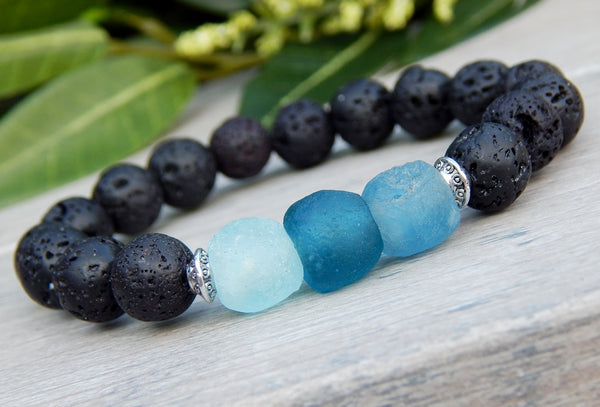 Mens Blue Ghana Bead and Volcano Rock Lava Beaded Bracelet