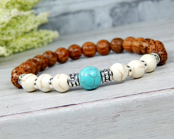 wood turquoise beaded beach bracelet for men