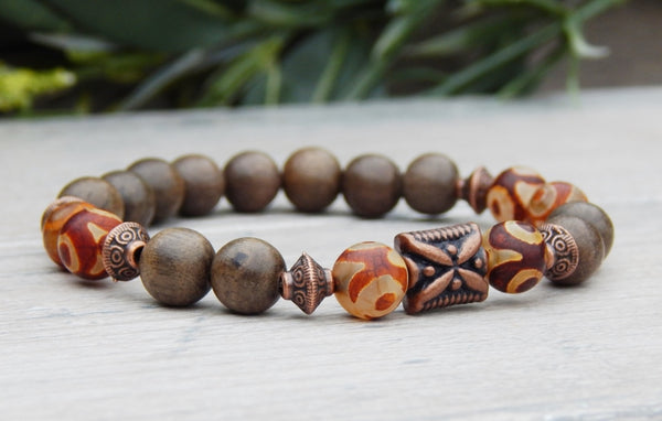 Mens Boho Wooden Agate Bracelet by StoneRiverJewelry Blue