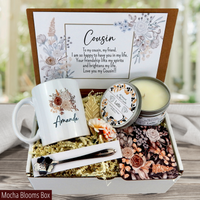 coffee themed Warm Wishes for Your Cousin: Personalized Mug, Engraved Spoon, and Candle Set