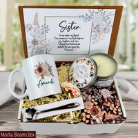 Coffee gift set Custom treasures for your sister: personalized mug, engraved spoon, coaster, candle, and a meaningful message.