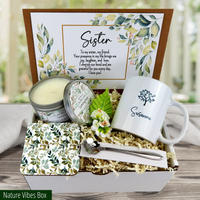 A nature theme with tree of life mug  surprise for your sister: personalized mug, spoon, coaster, and a touching message.