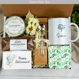 Transition to Retirement: Retirement care package with custom name mug, coffee, an assortment of treats, engraved spoon, and candle for nature lover.
