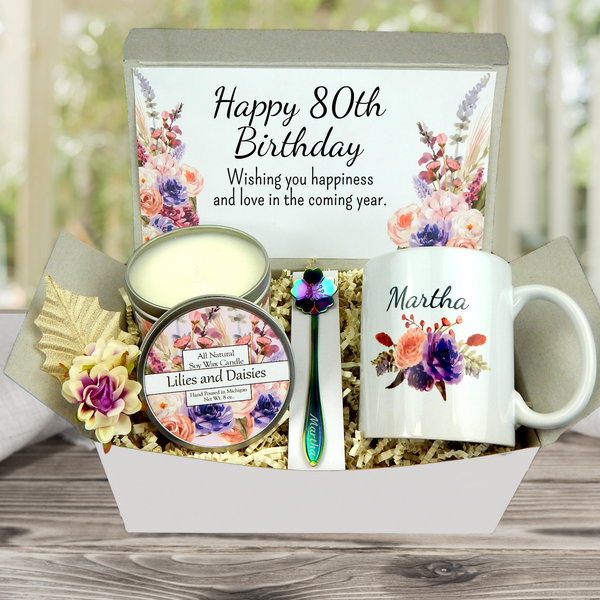 80th Birthday Gift Box for Women with Personalized Mug – Blue