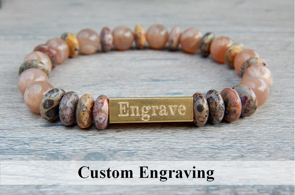 Sunstone and Jasper Beaded Bracelet - Engraved Jewelry