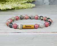 pink gray beaded gemstone word bracelet