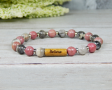 pink gray beaded gemstone word bracelet