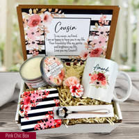 Thoughtful Gift Basket for Women: Personalized Floral Mug, Engraved Spoon, and Candle with pink flower mug