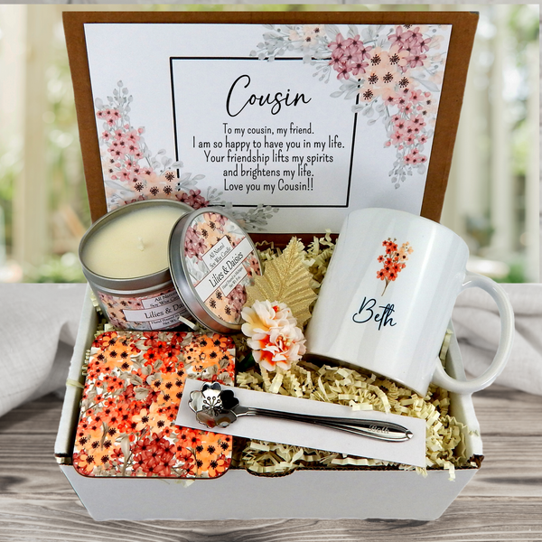 Birthday Bliss for Your Cousin: Personalized Flower Print Mug, Engraved Spoon, and Candle Gift Basket