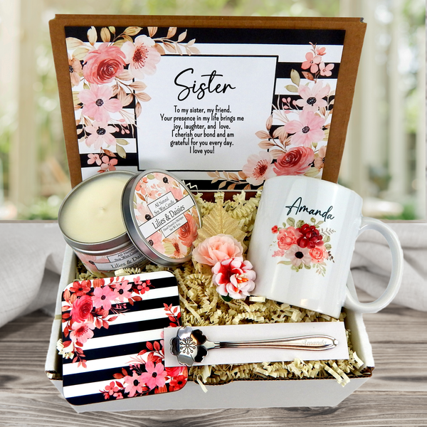 Pink Sister's Gift Basket: Personalized Mug, Engraved Spoon, Coaster, Candle, and Heartfelt Message
