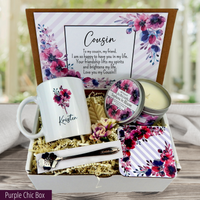 Custom Gift Basket with purple Floral Mug with name, Engraved Spoon, and Candle for Thinking of You, Cousin