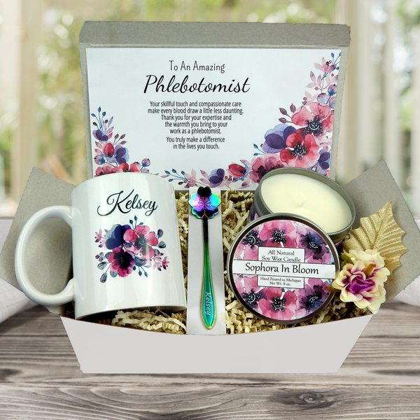 phlebotomist care package with a customize purple floral mug