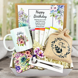 purple birthday gift basket with tea and personalized mug