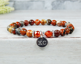 initial charm bracelet personalized gift for her red poppy jasper  jewelry