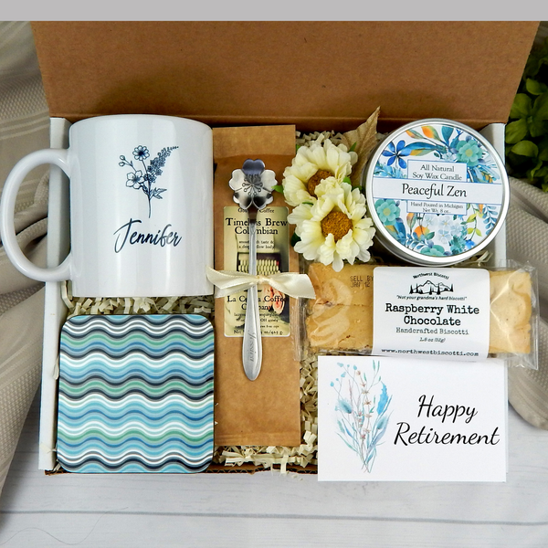 Personalized Retirement Gift Box with Custom Name Mug Biscotti Coffee Blue Stone River