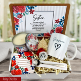Thoughtful gift basket for sister: personalized heart mug, engraved spoon, coaster, candle, and heartfelt message. Red Flower theme.