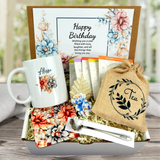 birthday gift basket with tea and personalized mug with pink and blue succulent flower theme