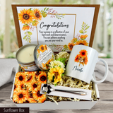 Sunflower themed Achievements Unwrapped: Gift Basket with Custom Mug, Spoon, and Candle