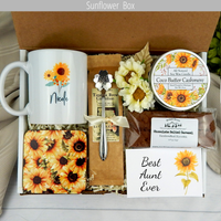 Warmth from Aunt: Gift basket for her with personalized mug, coffee, comforting treats, engraved spoon, and candle.