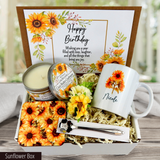 sunflower themed birthday gift box personalized with her name on a mug and spoon