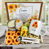 Sunflower themed Personalized sunflower Print Mug, Engraved Spoon, and Candle Gift Basket for Cousin's Birthday