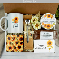 Embracing retirement joy: Retirement gift basket with a custom mug, coffee, and scrumptious goodies for her to savor.