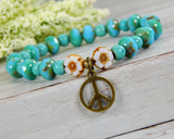 Turquoise Beaded Hippie Bracelet with Flower Beads and Peace Charm