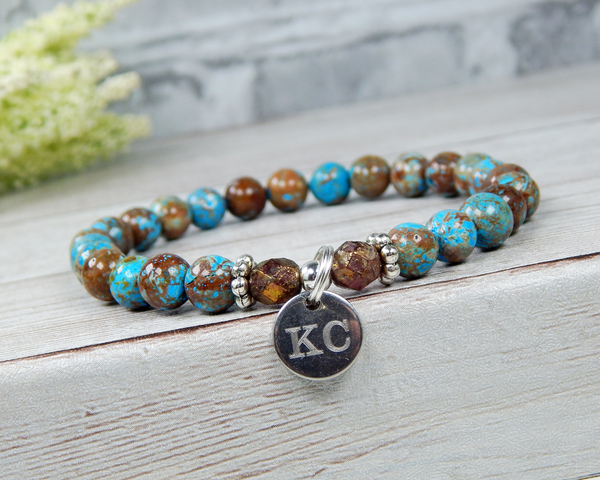 initial charm bracelet personalized gift for her turquoise  jewelry