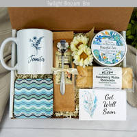 Wishing a speedy recovery: Gift basket for her featuring a personalized mug, coffee, and delightful treats.