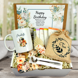 vintage floral themed birthday gift basket with tea and personalized mug