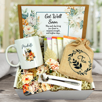 vintage themed get well soon care package with and custom mug and tea