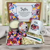 Emotional sister gift basket with personalized keepsake mug and candle