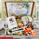 Watercolor flower mug with name for Cousin's Special Day with a Thoughtful Gift Basket including a candle